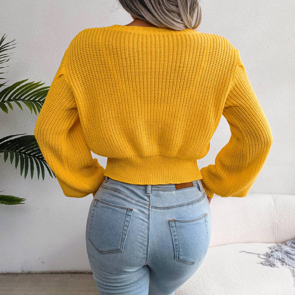 CASUAL TWIST LANTERN SLEEVE WAIST KNIT SWEATER