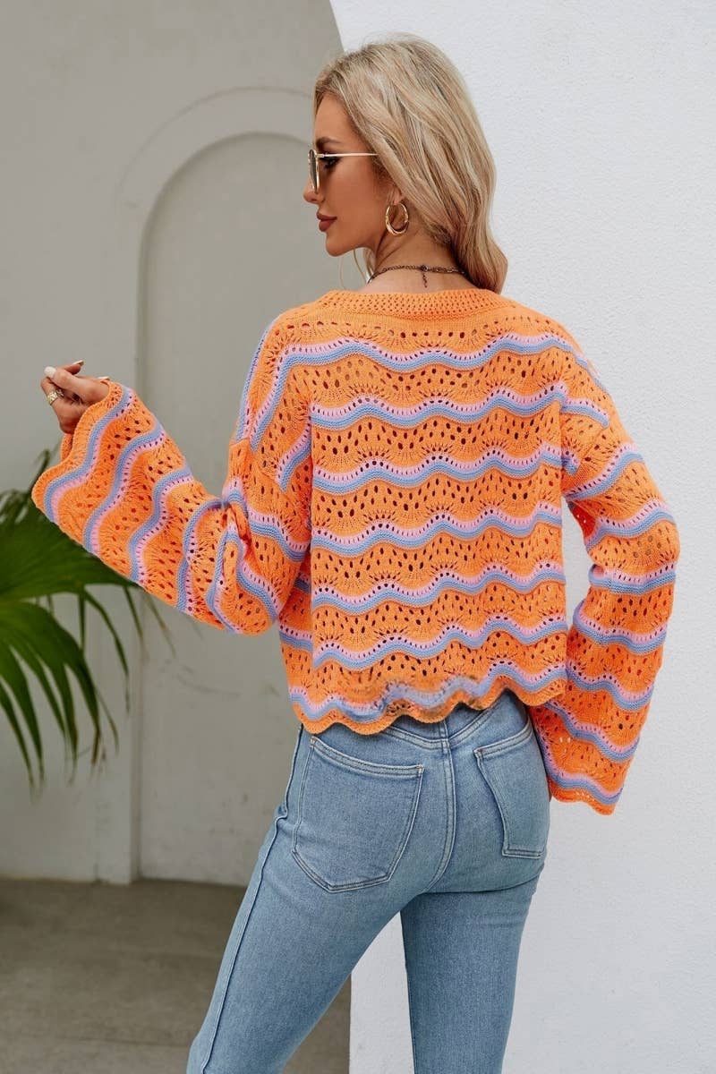 CWOSWL603 Flare Sleeved Round neck Hollowed Out Sweater