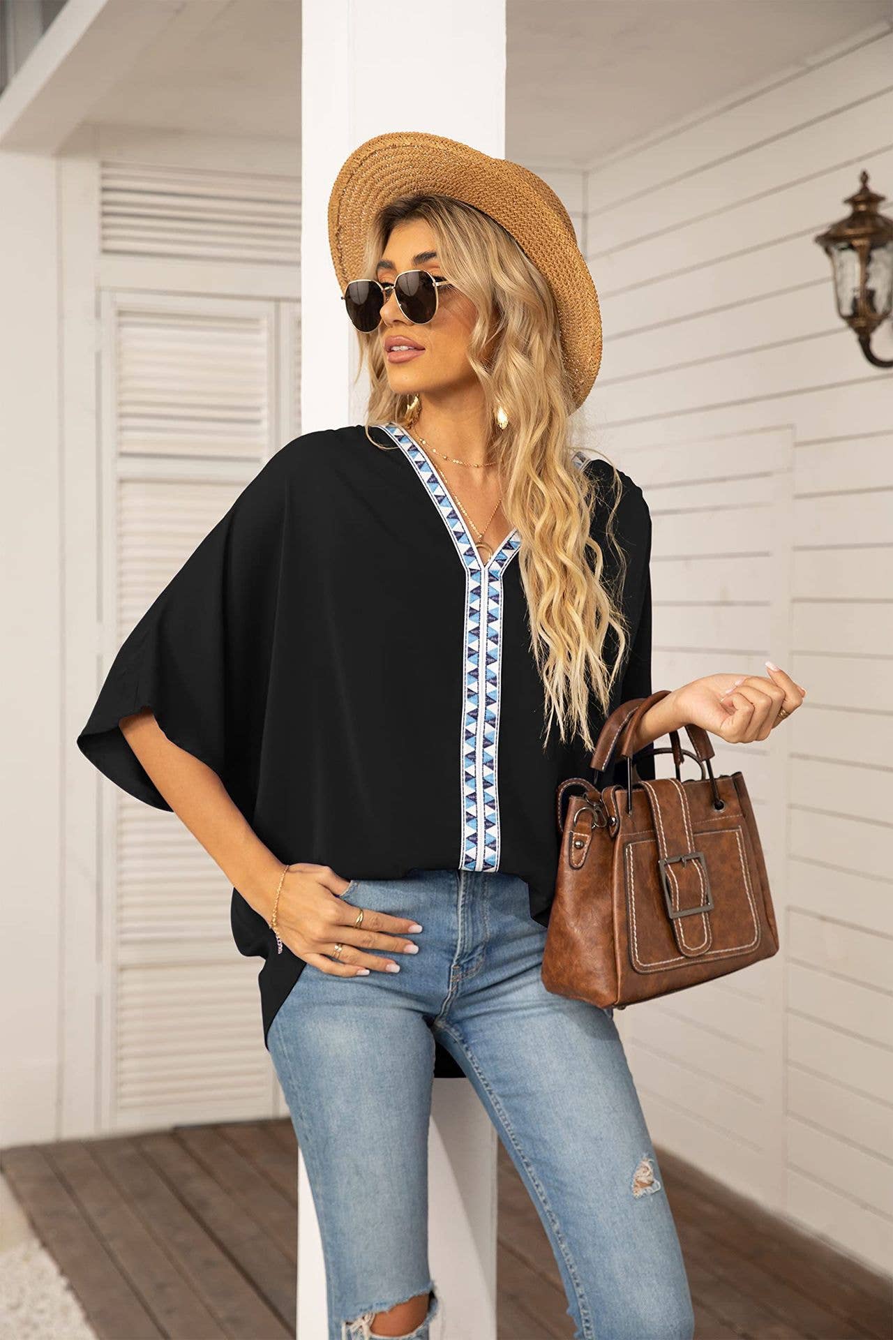 BAT-SLEEVED CHIFFON V-NECK SHORT-SLEEVED SHIRT