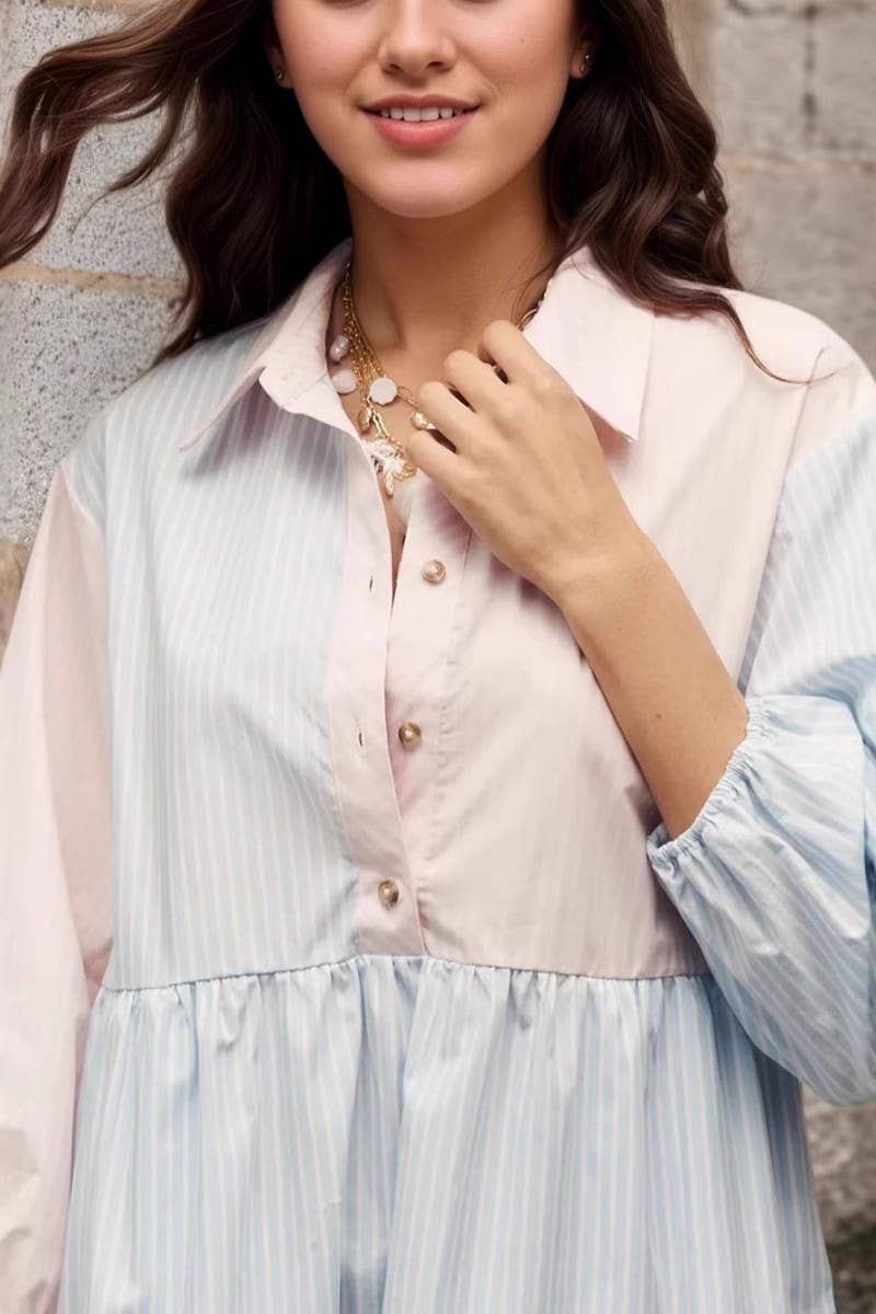 CWDSD8761_CONTRAST STRIPE LAPEL LOOSE-FITTING SHIRT DRESS