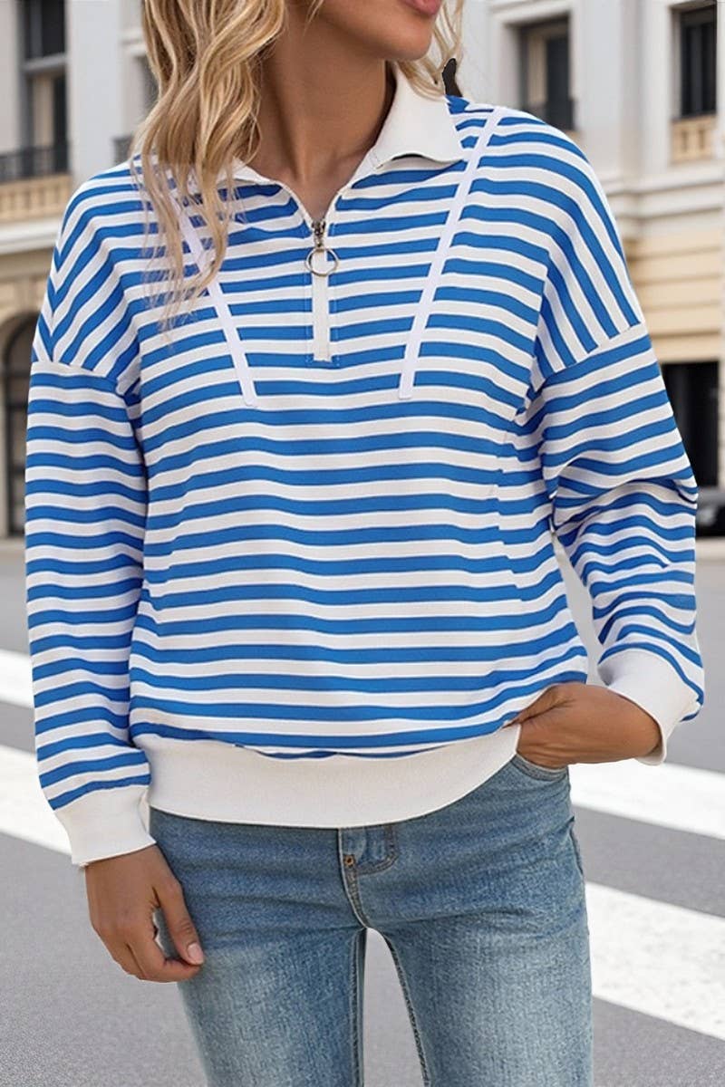 CWTBLL00752_STRIPED CASUAL POLO NECK ZIP-UP SWEATSHIRT