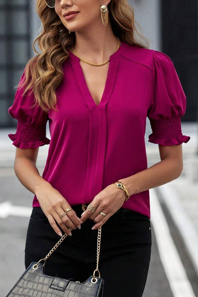 CWTSTS0664_SUMMER V-NECK ELEGANT PUFF SLEEVE SHIRT