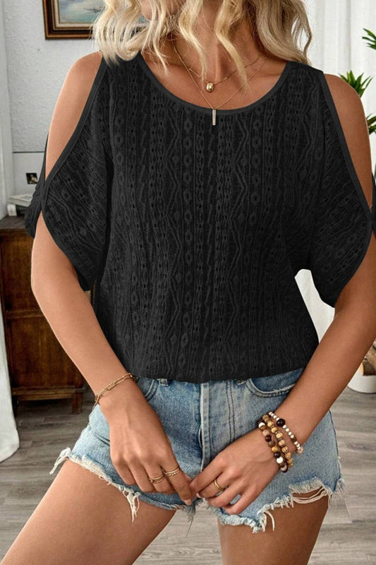 CWTBLS2261_SOLID COLD SHOULDER BATWING SLEEVE CUTOUT TEE