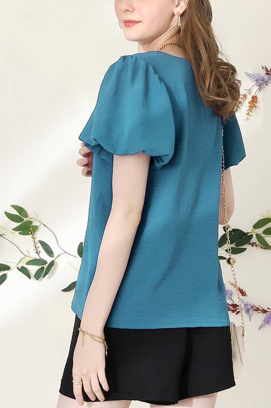 CWTBLS202_V NECK PUFF SHORT SLEEVE BLOUS FORMAL TUNIC TOP