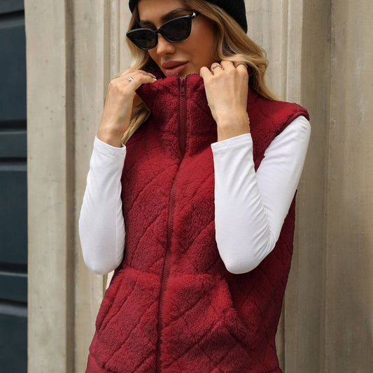 Cardigan zipper loose diamond shape extra plush vest