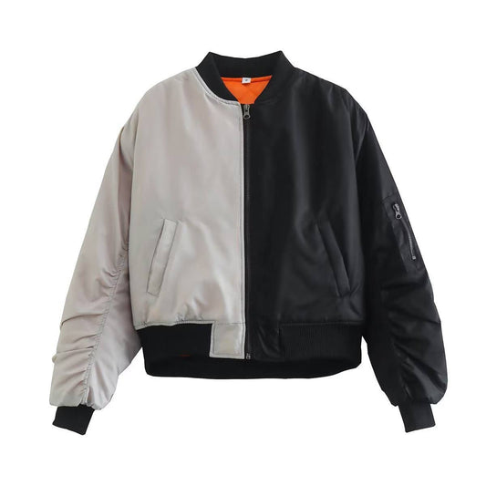 COLOR CONTRAST FLYING ZIPPER LOOSE PADDED JACKET