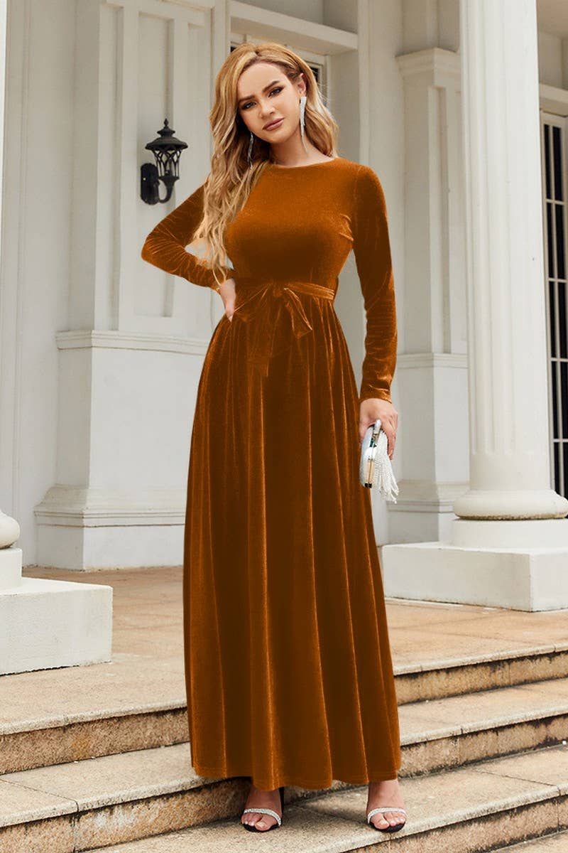 CWDMD3493_GOLD VELVET SOLID COLOR LACE-UP MAXI DRESS