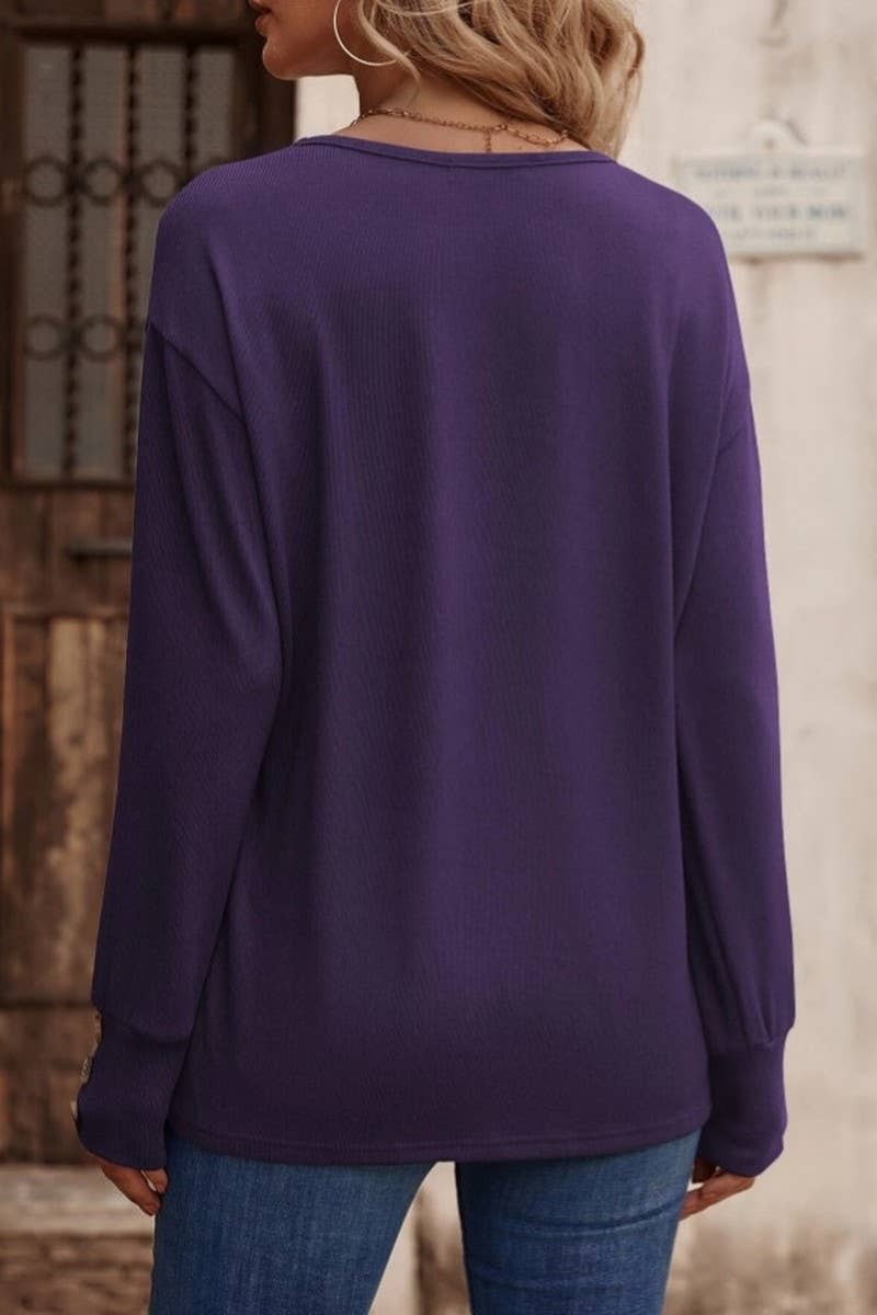 CWTBLL4000_SOLID V-NECK BUTTON LONG SLEEVE LOOSE TEE