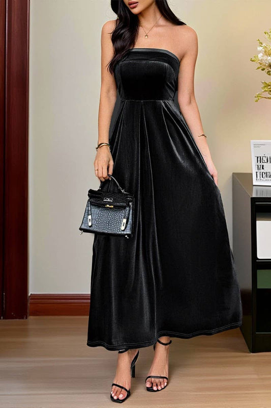 CWDTD00501_STRAPLESS SOLID VELVET MAXI DRESS