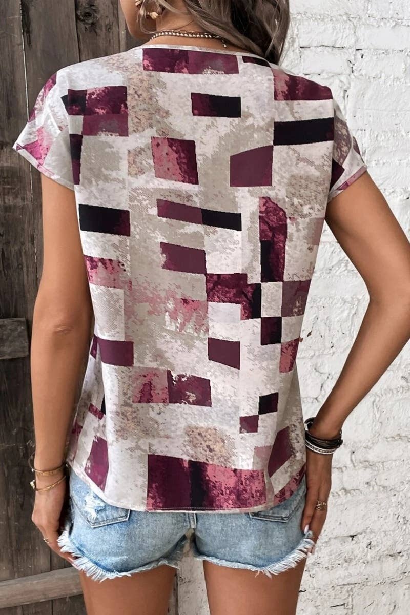 CWTBLS1147_SUMMER GEOMETRIC PATTERN LOOSE SHORT SLEEVE TOP