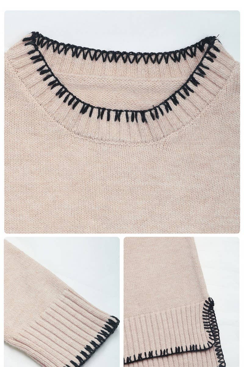 CWOSWL3780_CREW NECK CASUAL LONG SLEEVE SLIT KNITTED SWEATER