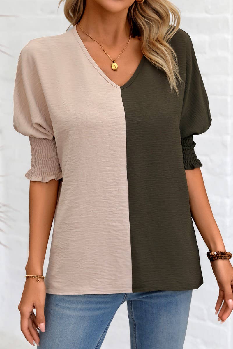 CWTBLS1501_COLORBLOCKED COLLAR LOOSE-FITTING BAT-SLEEVE TOP