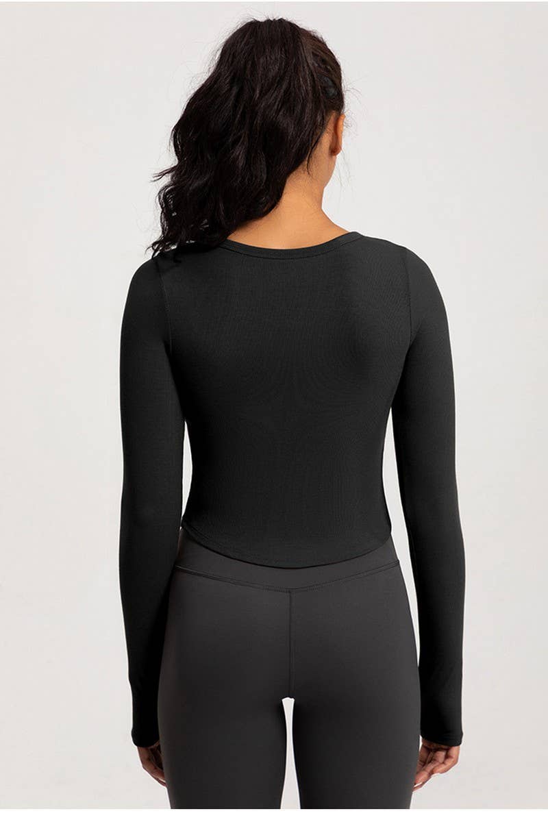 CWTBLL2940_SQUARE NECK TIGHT LONG SLEEVE PADDED FITNESS TOP
