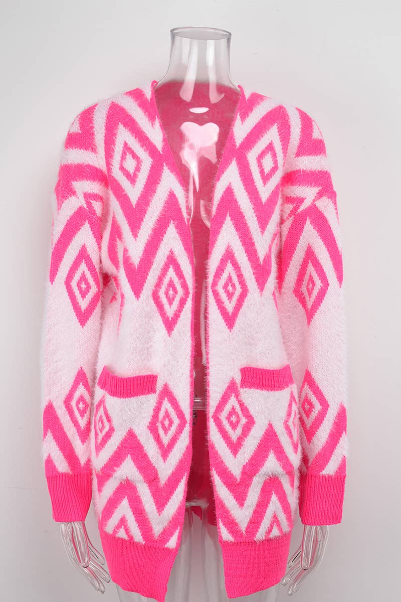 DIAMOND JACQUARD FLEECE UNBUTTONED CARDIGAN