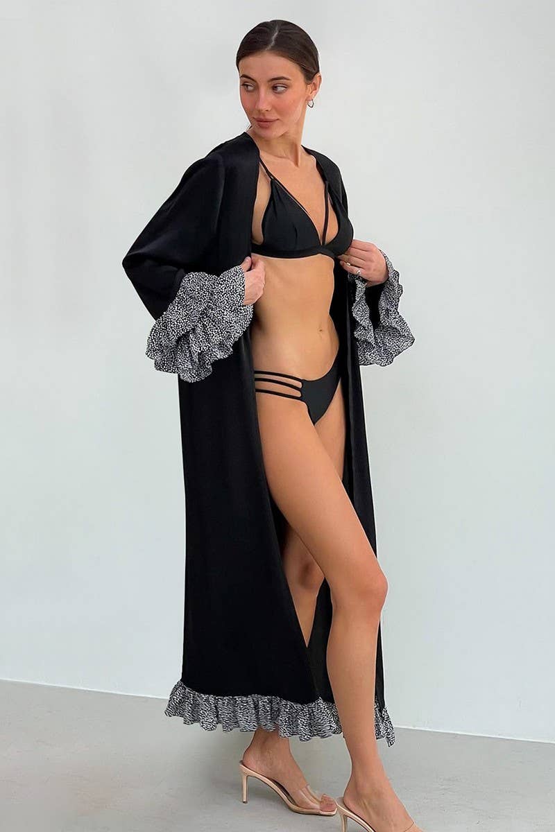 CWSPJ0238_BLACK SATIN PATCHWORK SPOTTED LACE NIGHTGOWN