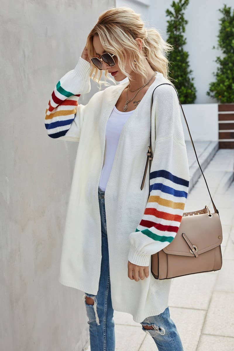 CWOCAL0924_STRIPED MID-LENGTH KNITTED CARDIGAN SWEATER