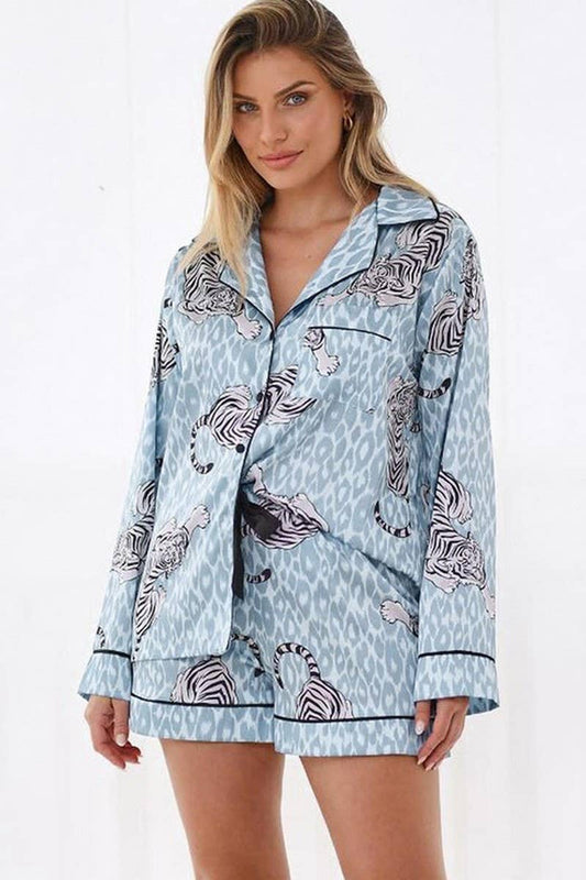 CWSPJ0373_SATIN LEOPARD PRINT LONG SLEEVE SHORTS PAJAMAS