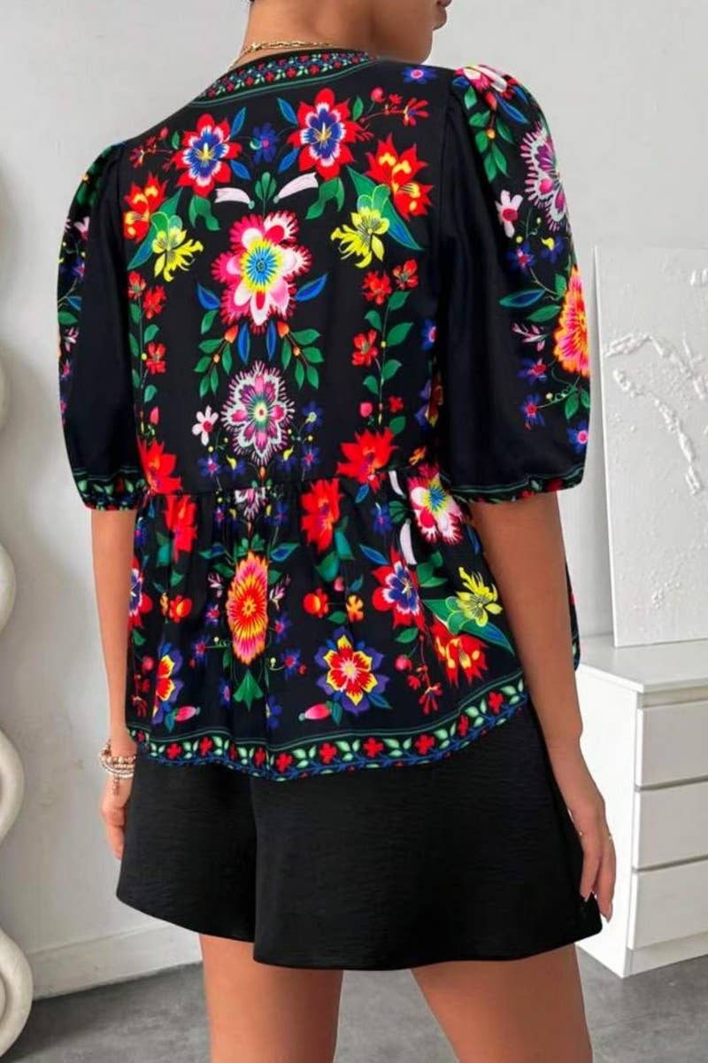 CWSTB2003_FLORAL TIE-FRONT KIMONO TOP & SHORTS SET