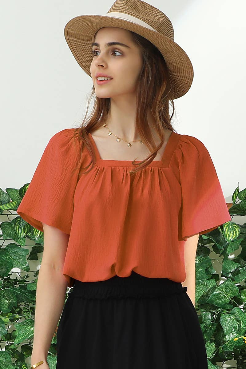 CWTBLS192-P_SQURE NECK RUFFLE NECK SHORT SLEEVE BLOUSES TOP