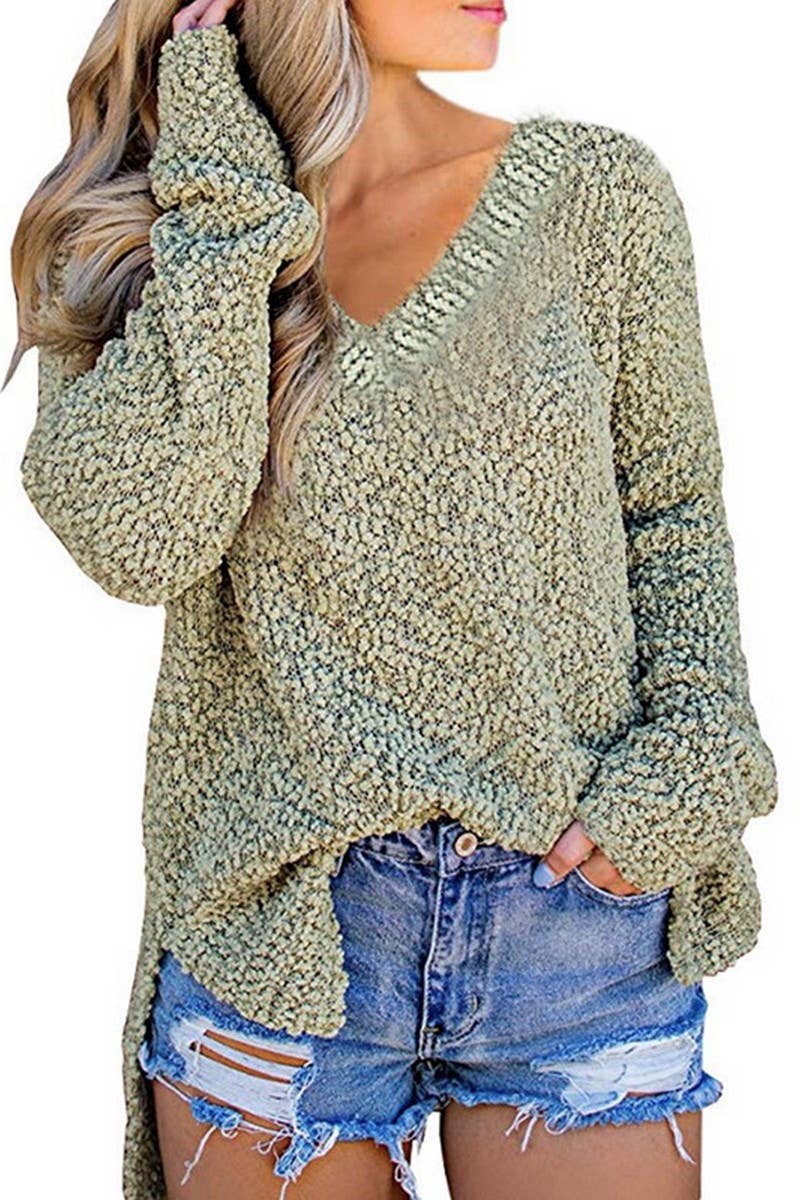 CWOSWL6820_GRAIN FLEECE V-NECK SPLIT PULLOVER SWEATER