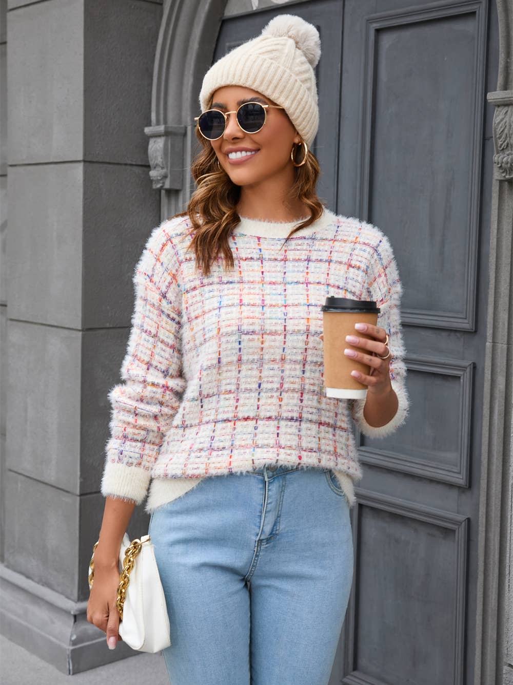 CREW-NECK KNIT FLUFFY PATCHWORK FASHION SWEATER