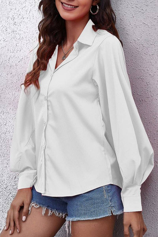 CWTBLL3758_SOLID COLOR LAPEL LANTERN SLEEVE CHIFFON SHIRT