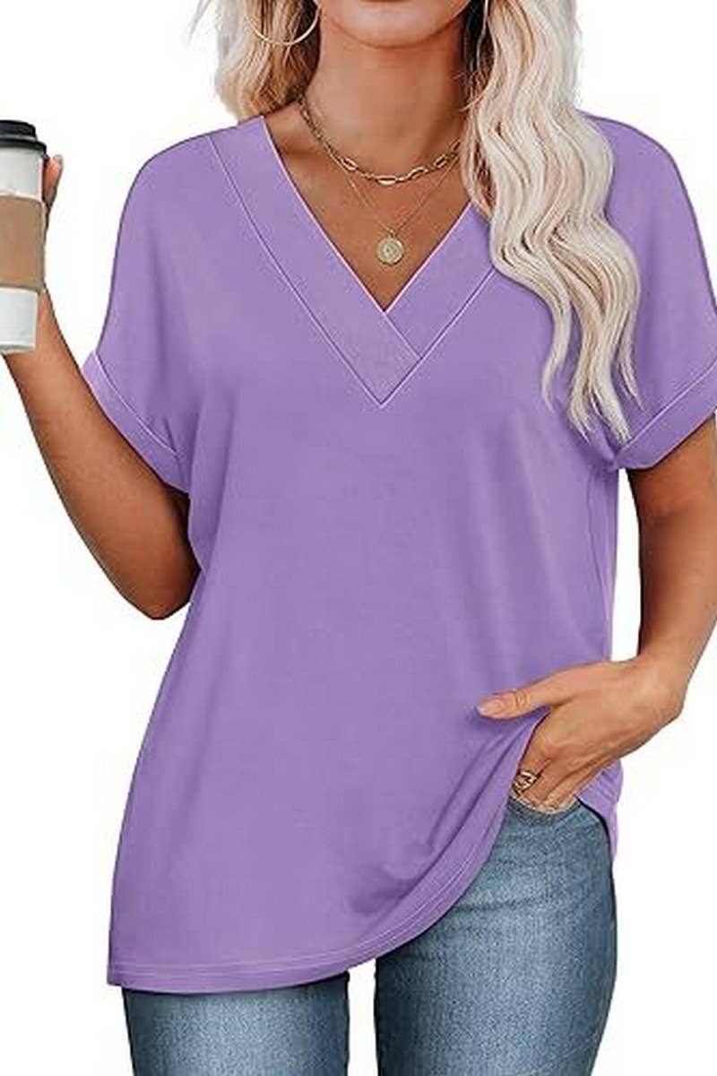 CWTBLS2191_SOLID V-NECK LOOSE BATWING SLEEVE CROP TEE