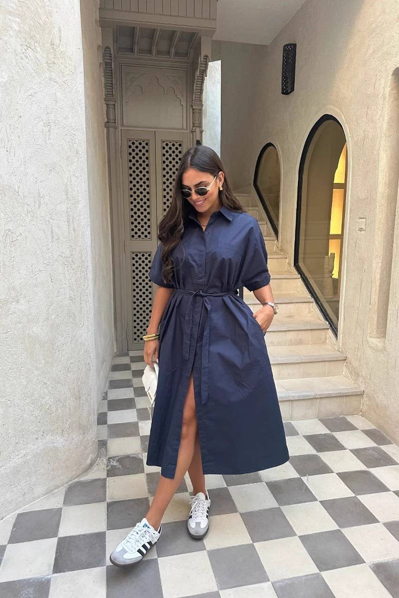 CWDMD01056_WOMEN'S LONG SHIRT BELT DRESS