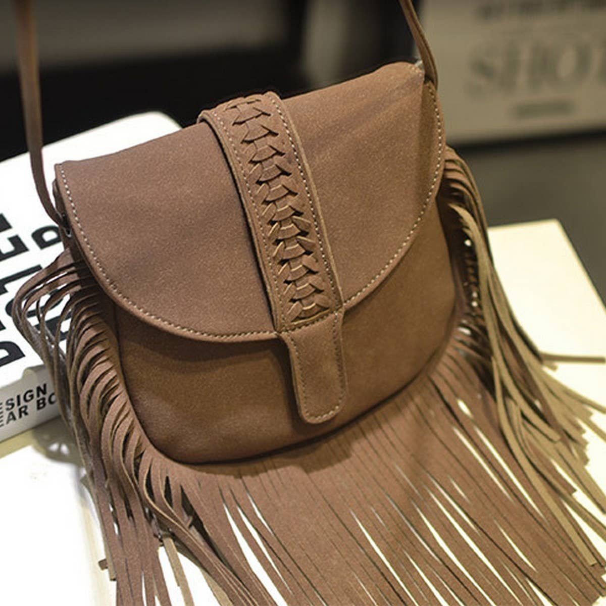 CWAB4563_BRAIDED BELT BUCKLE NUBUCK TASSEL SHOULDER BAG