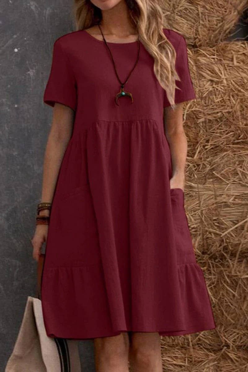 CWDSD8003_SUMMER RETRO LOOSE POCKET SOLID COLOR DRESS