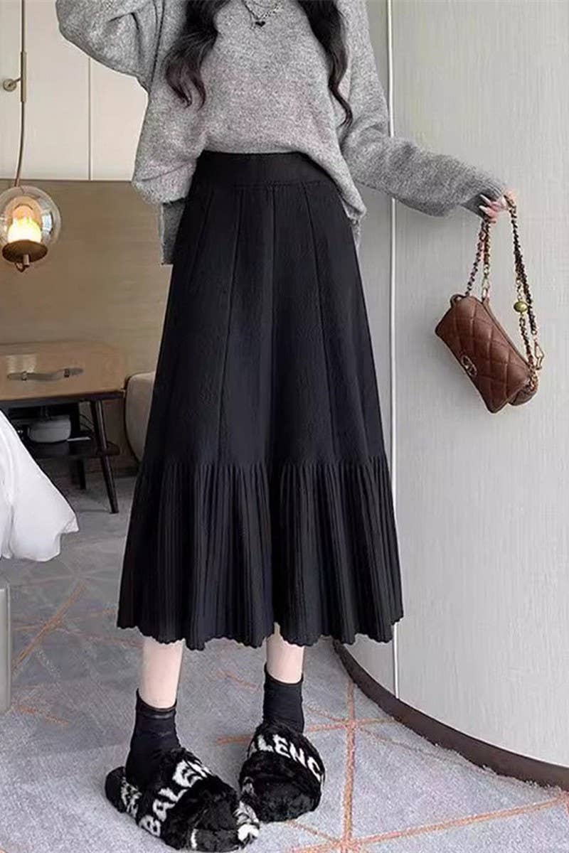 CWBLS0298_SOLID COLOR HIGH WAIST PLEATED KNITTED SKIRT