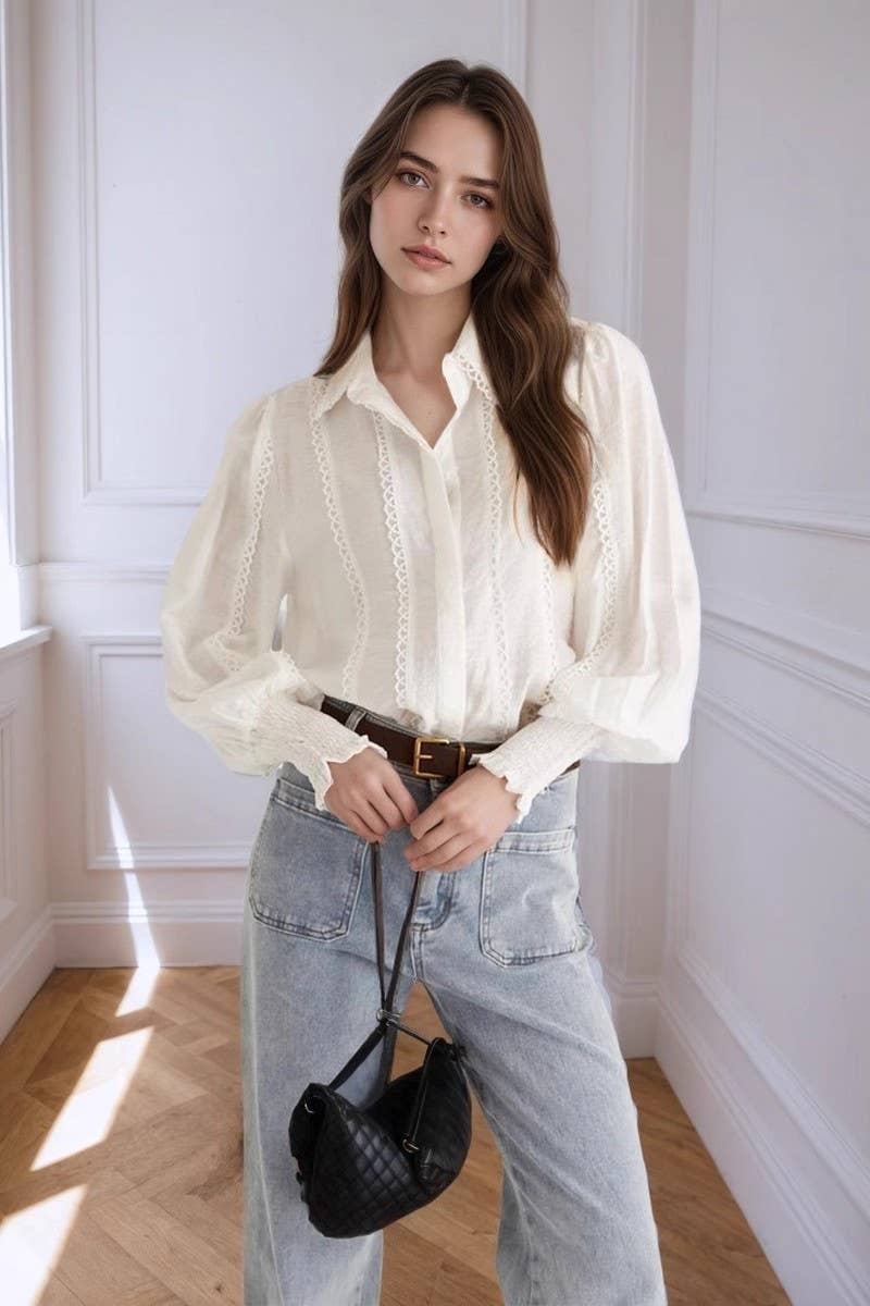 CWTSTL2905_WHITE LACE TRIM LANTERN SLEEVE SHIRT BLOUSE