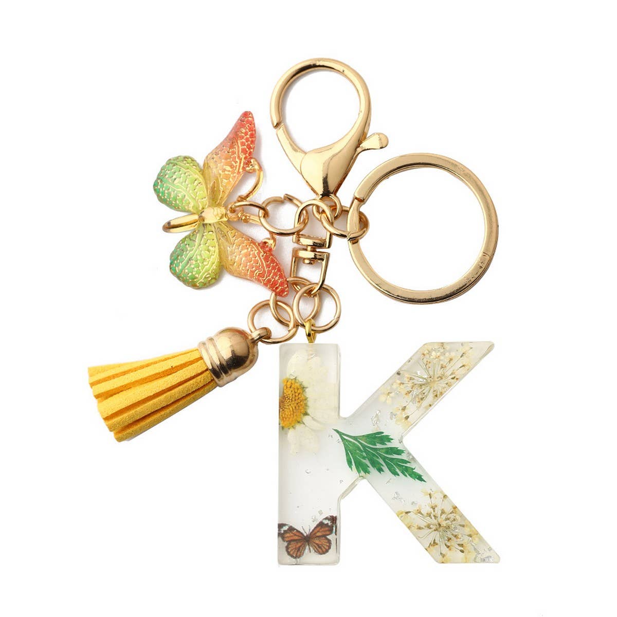 Flower Letter Keychain with Yellow Butterfly Charm_CWAB5090