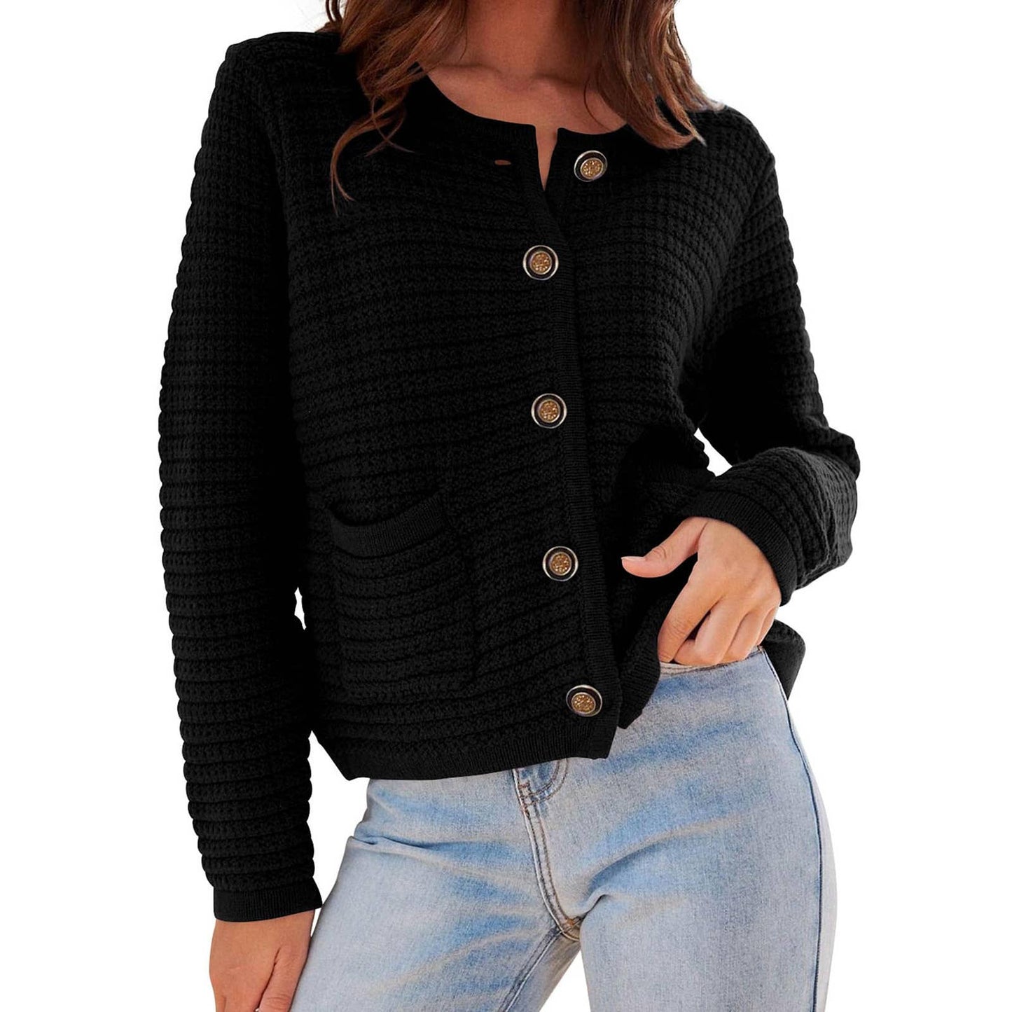 Crew-neck knitted commuter vintage casual cardigan