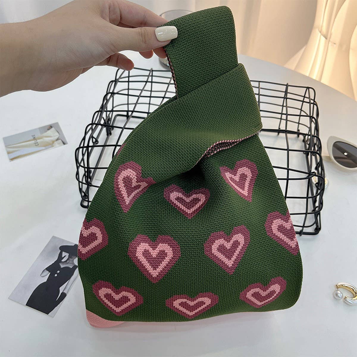 CUAB00622_CHECKERED KNIT SHOULDER BAG WOMEN WOVEN PURSE