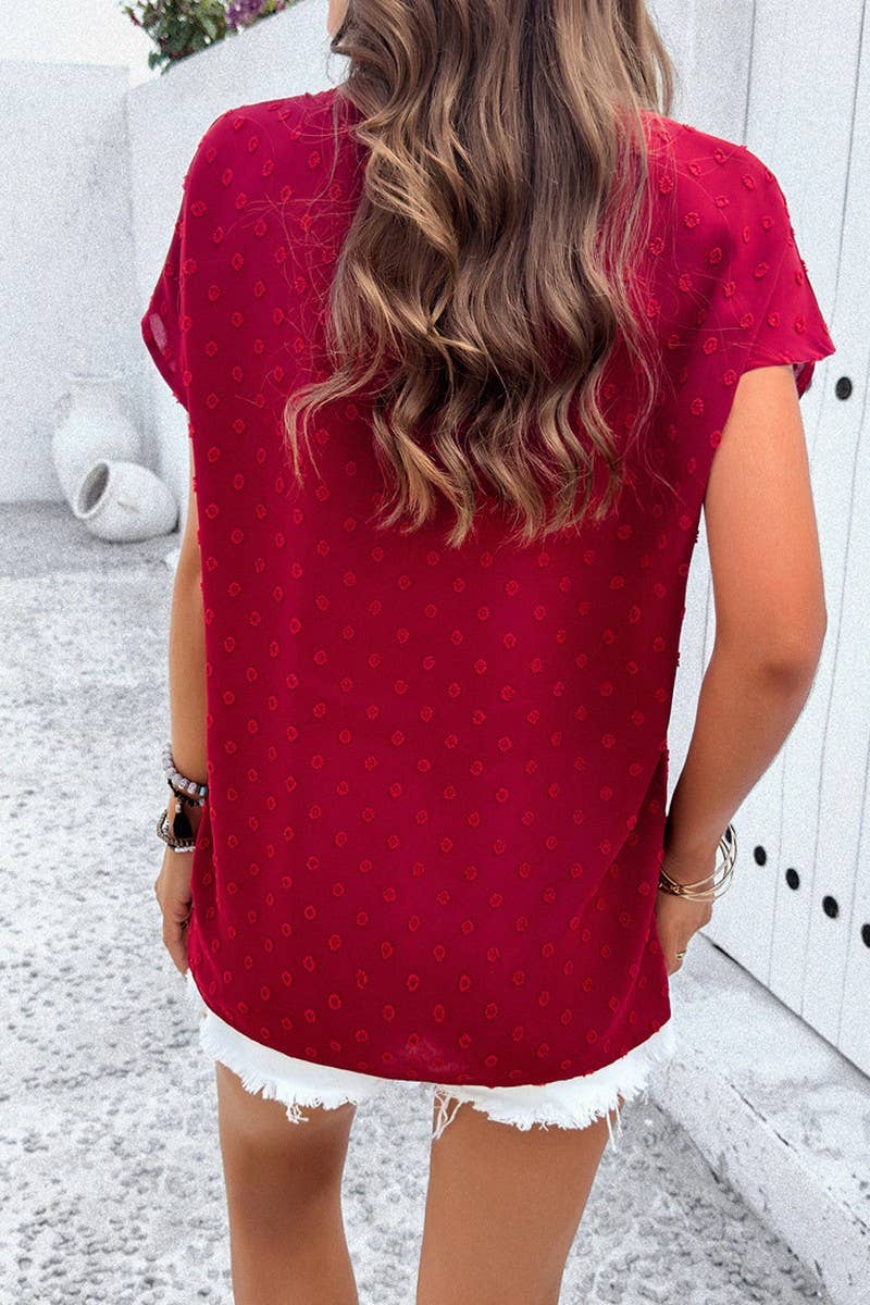 CWTBLS0387_V-Neck Button Detailed Short Sleeve Top