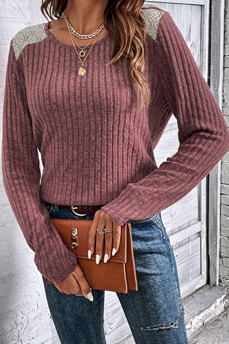 CWTBLL01083_CREW NECK RIBBED LACE LONG SLEEVE TOP