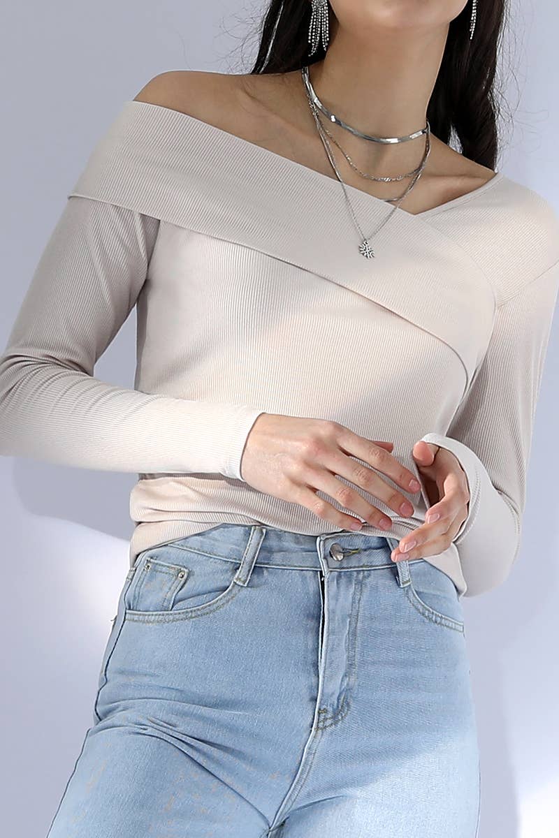 CWTTL1103_LONG SLEEVE ONE SHOULDER 2 LAYER T SHIRT TOP