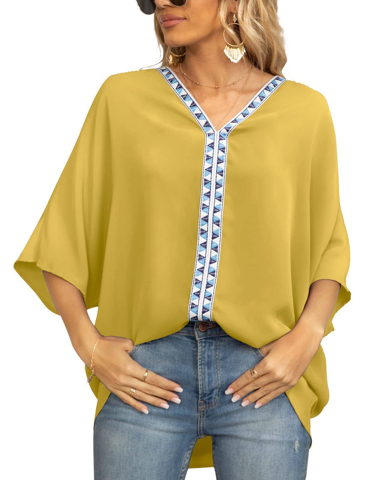 BAT-SLEEVED CHIFFON V-NECK SHORT-SLEEVED SHIRT