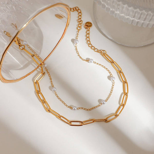 18K Gold Double Layer Pearl Paperclip Anklet_CWAJE4849