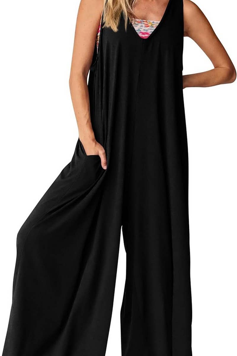 CWSJS00260_LOOSE SLEEVELESS VEST V-NECK WIDE-LEG JUMPSUIT