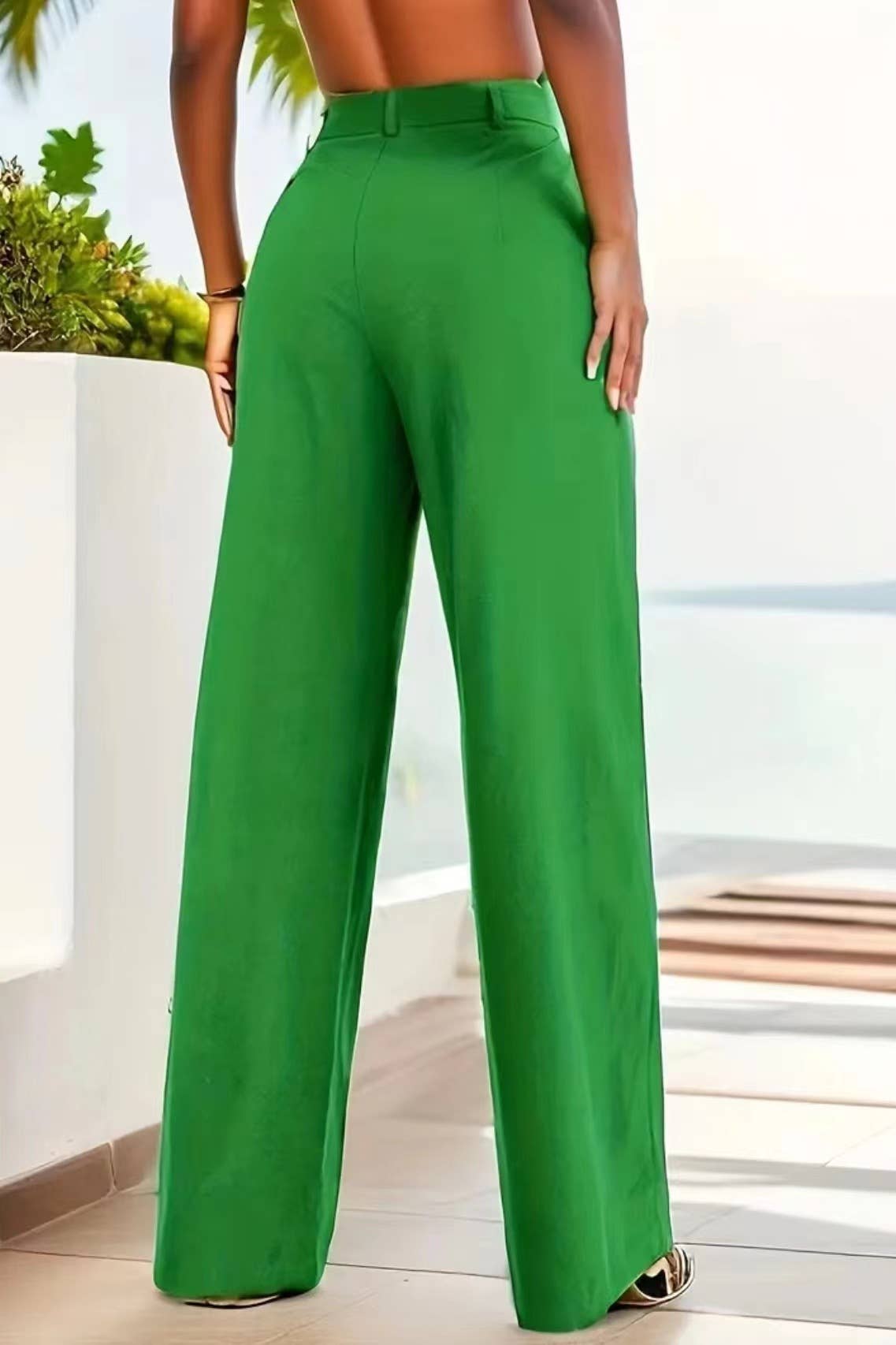 Elegant solid color belt straight pants
