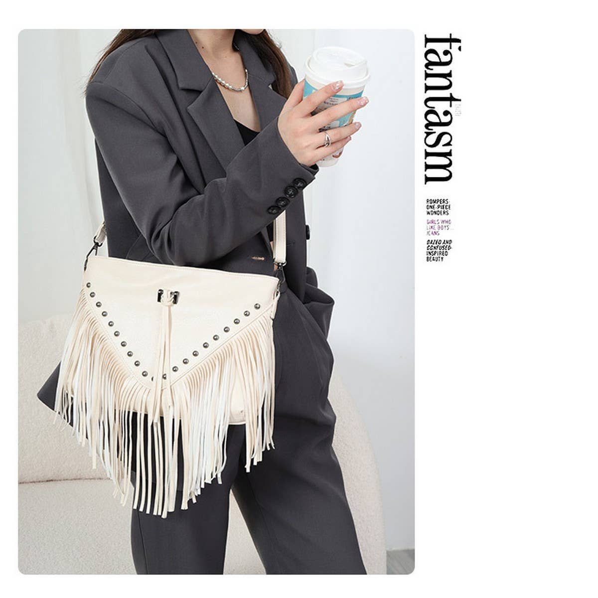 CWAB4537_PU LEATHER RIVET TASSEL SHOULDER CROSSBODY BAG