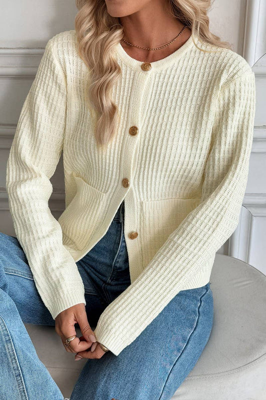 CWOCAL00582_SOLID COLOR METAL BUTTON CARDIGAN SWEATER