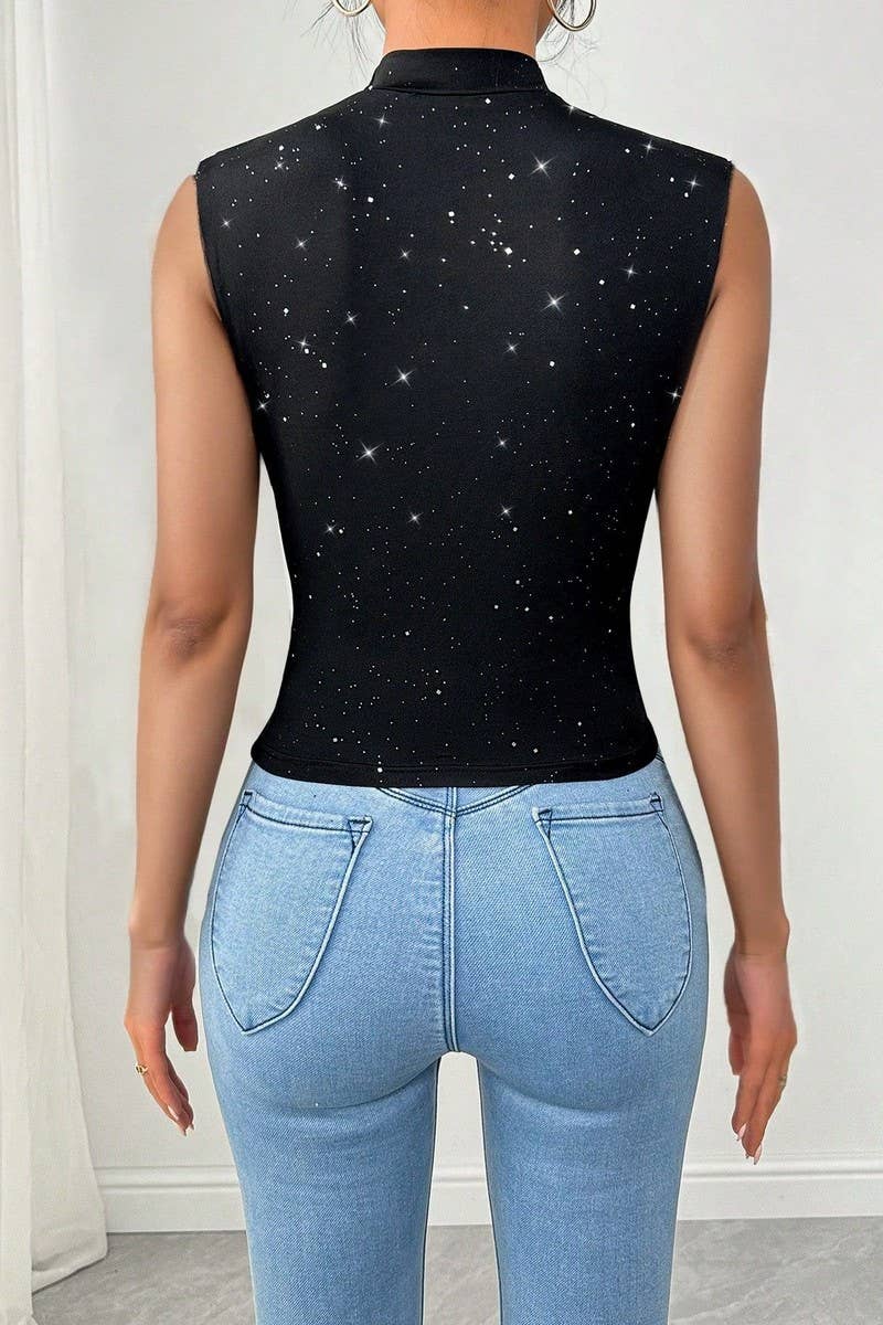 CWTBLSL0876_V-NECK SLEEVELESS SEQUIN EMBELLISHED TOP