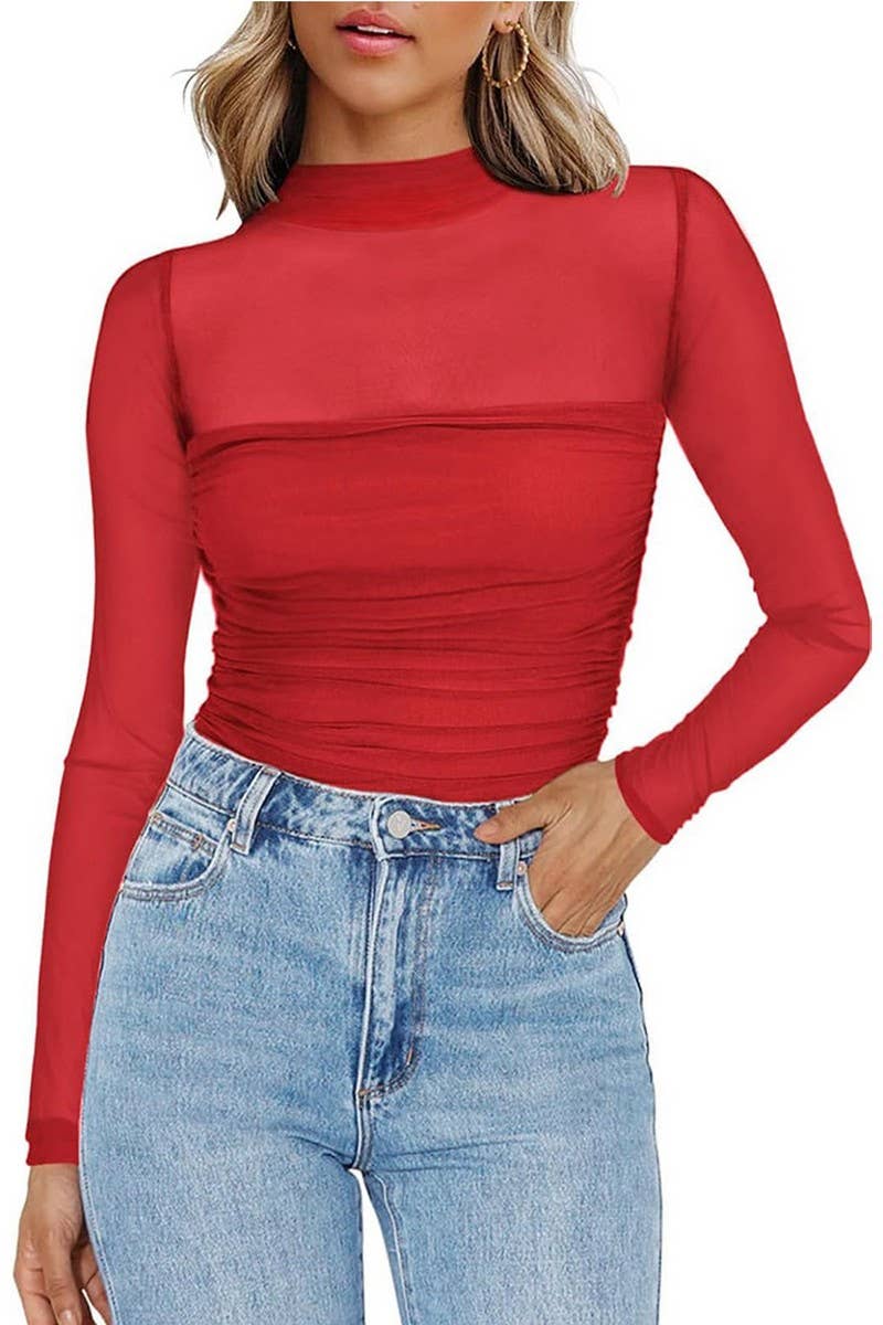 CWTBLL3695_HALF TURTLENECK SEE-THROUGH LONG SLEEVE MESH TOP