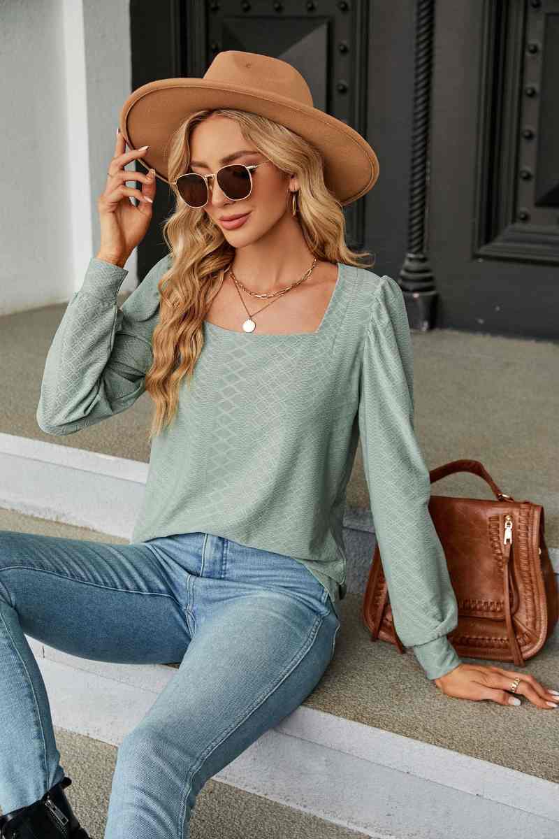CWTBLL2832_AUTUMN SQUARE NECK JACQUARD LONG-SLEEVED TOP