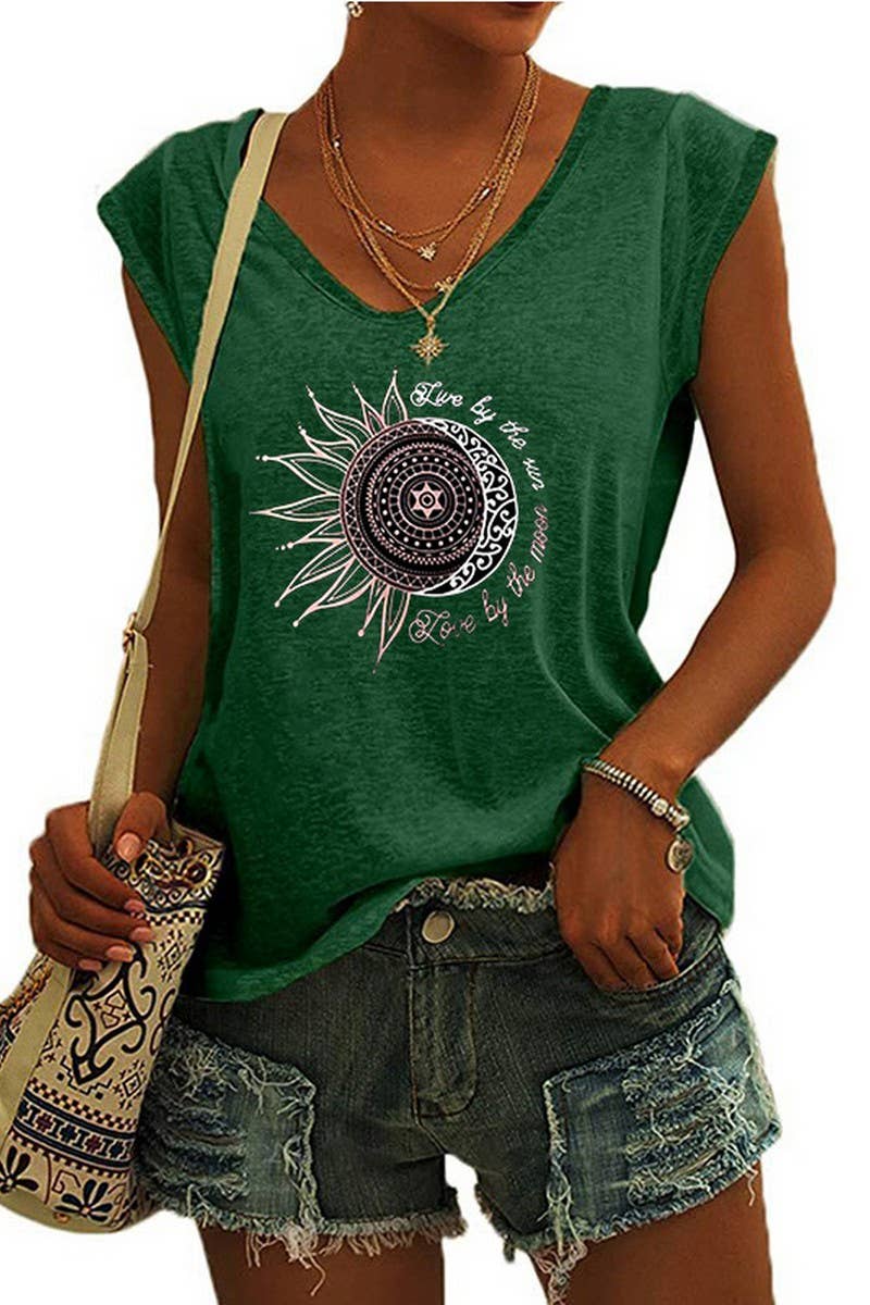 CWTTSL0407_V-NECK SUN AND MOON PRINT LOOSE T-SHIRT