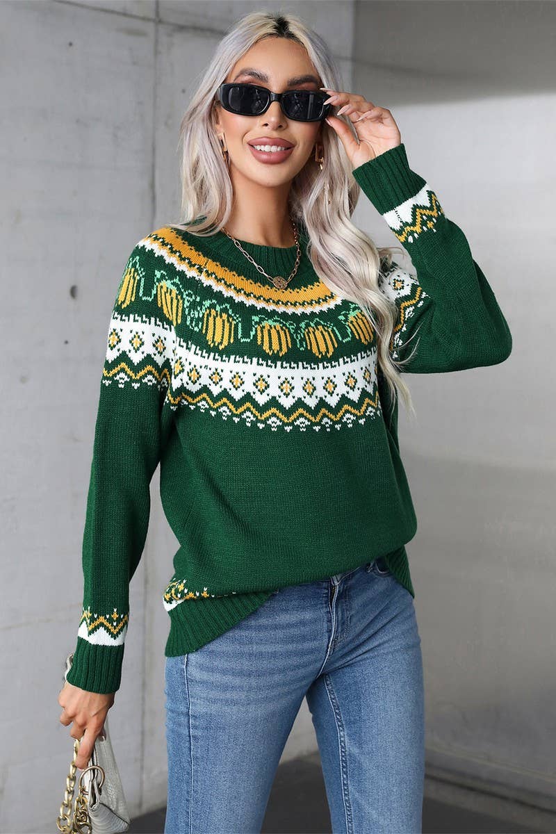 CWOSWL5755_HALLOWEEN CREW NECK FESTIVE KNIT SWEATER