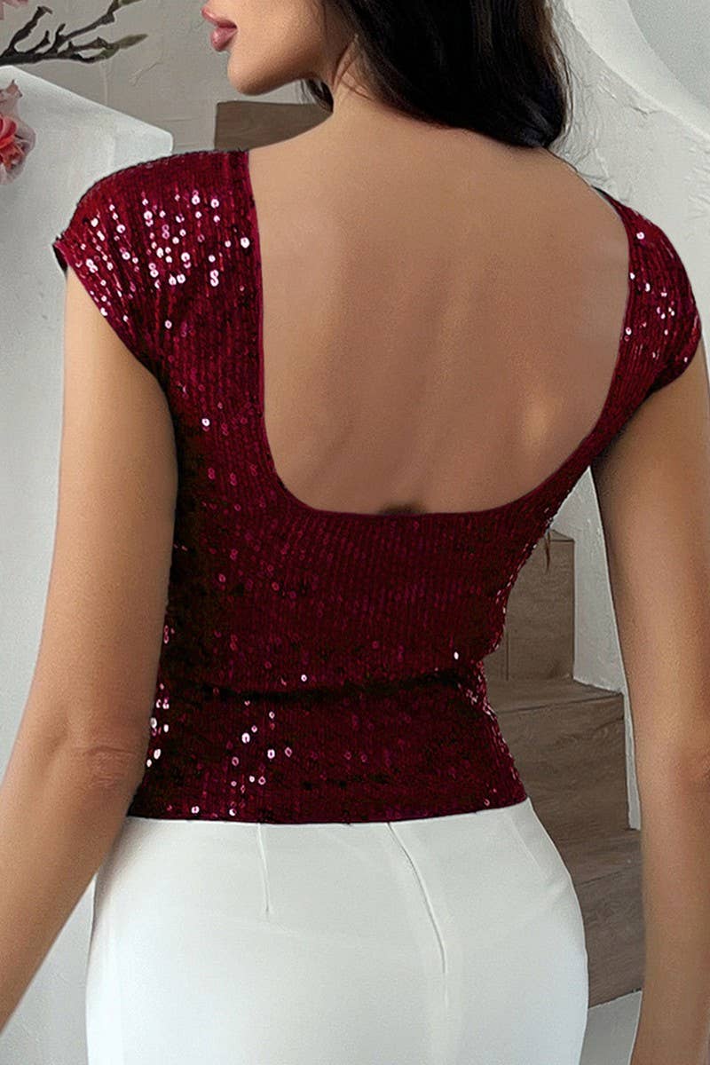CWTBLS1578_SEXY BACKLESS SEQUINED PARTY SHORT SLEEVE TOP